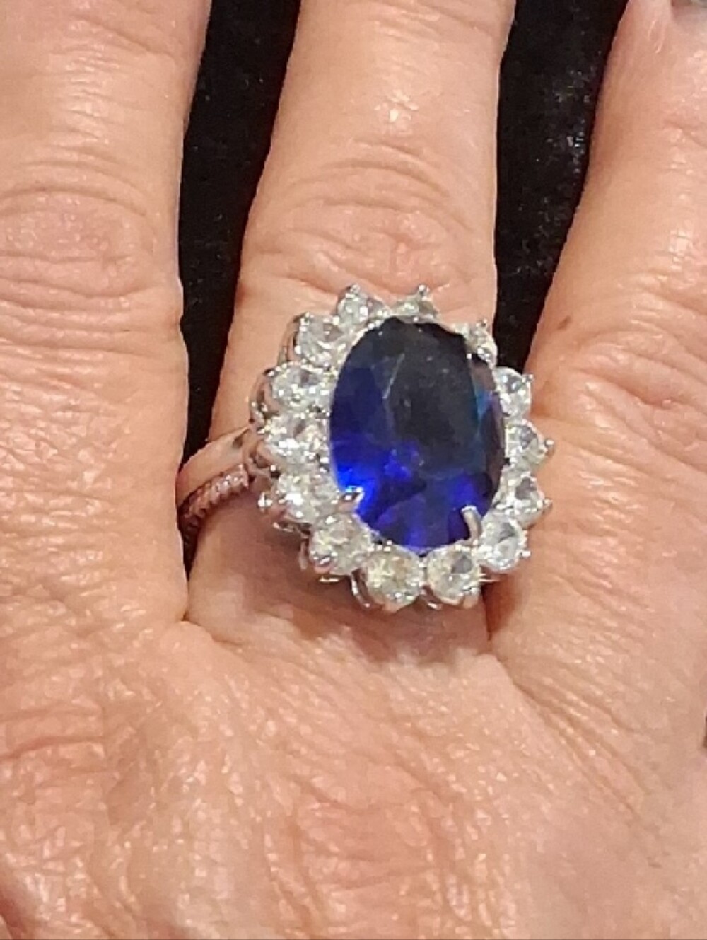 Blue Oval Halo Cocktail Ring - Women Jewelry Sz 9